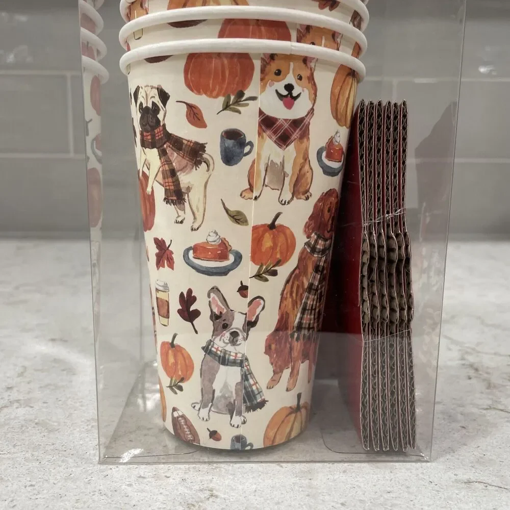 FALL DOGS Set of 12 Travel 16oz Disposable Cups Lids Sleeves Football Pumpkins